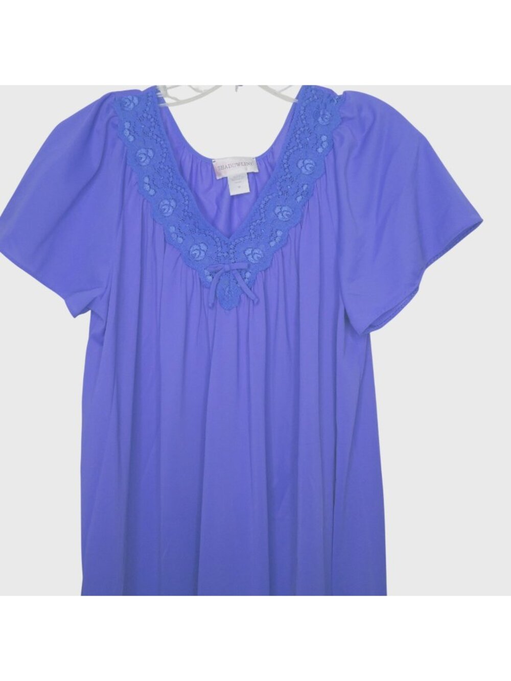 Vintage Shadowline Purple Nylon Short-Sleeve Nightgown Lace Trimmed Womens M